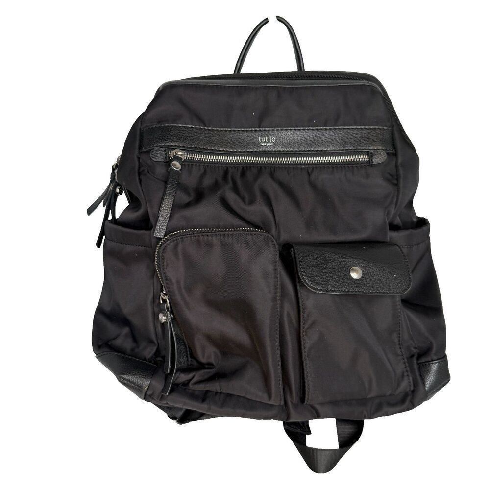 Tutilo New York Black Nylon & Leather Mini Backpack Tech Tablet Pockets EUC